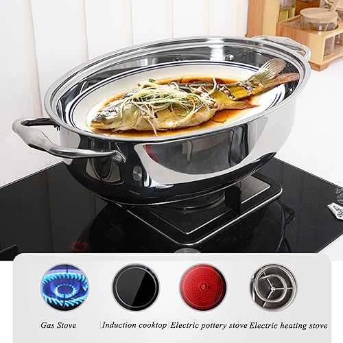 Miniatura 5 de Vaporizador de pescado de acero inoxidable  Utensilios de cocina ovalados resistentes con estante y tapa, olla para cocinar pescado al vapor, sopa