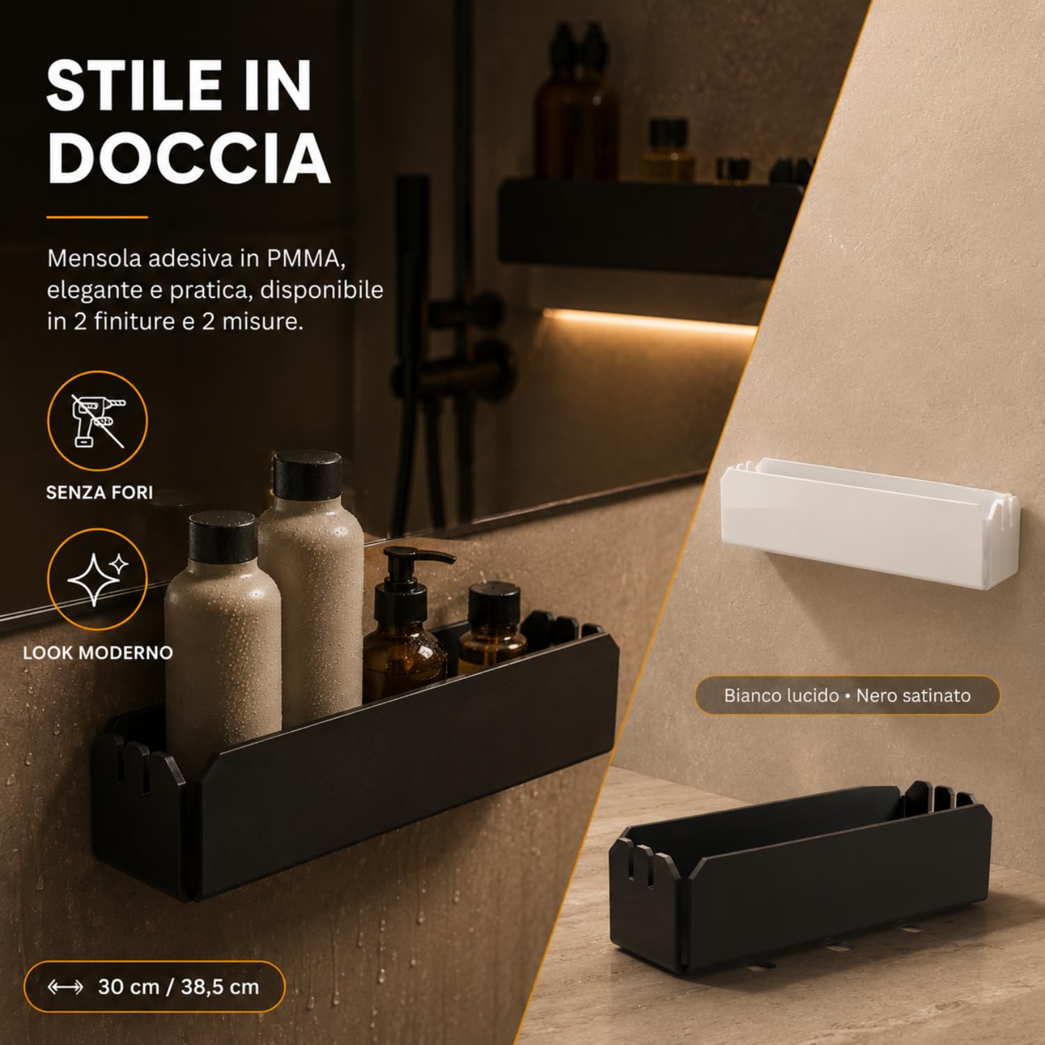 Agplex Mensola Doccia Senza Foratura 30 cm Bianco Lucido, Porta Shampoo Doccia Senza Forare in Acrilico PMMA, Portasapone Doccia Senza Forare con Portaspugna, Supporto Bagno Adesivo Senza Fori