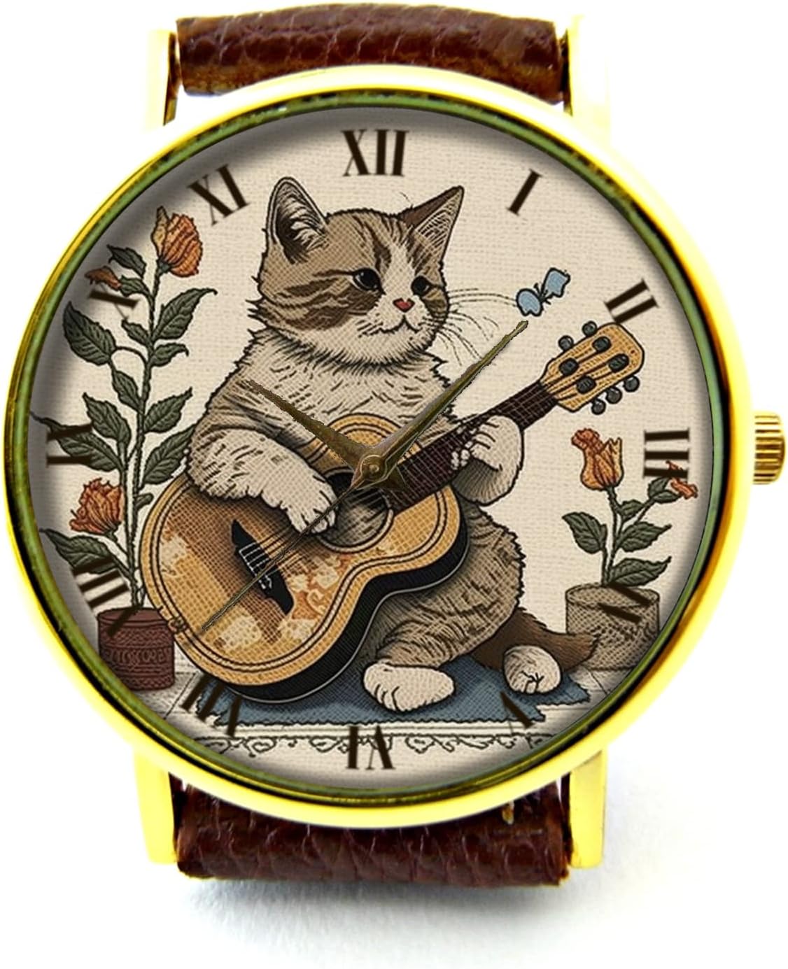 Cute Cat Playing Guitar Leather Watch, Cat Music Ladies Watch, Unisex Watch, Funny Cat Jewellery P462