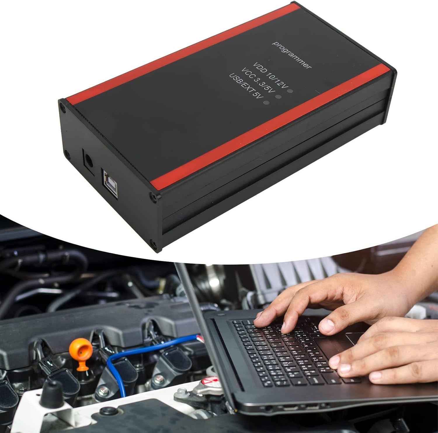 Close-up of the Aramox Iprog Pro V86 programmer unit, showing its ports and indicators.