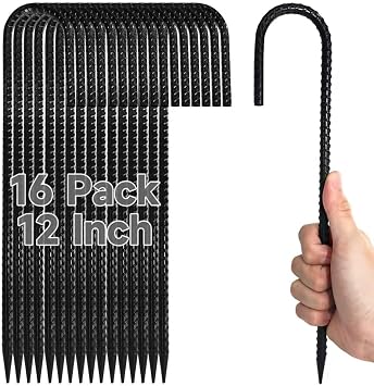 16Piece Tent Stakes Heavy Duty, 12 Rebar Stakes Ground Anchors High Wind, J Shape Galvanized Steel Trampoline Stakes for Camping Patio, Trampoline, Garden, Canopies, Outdoor Black, J Shape
