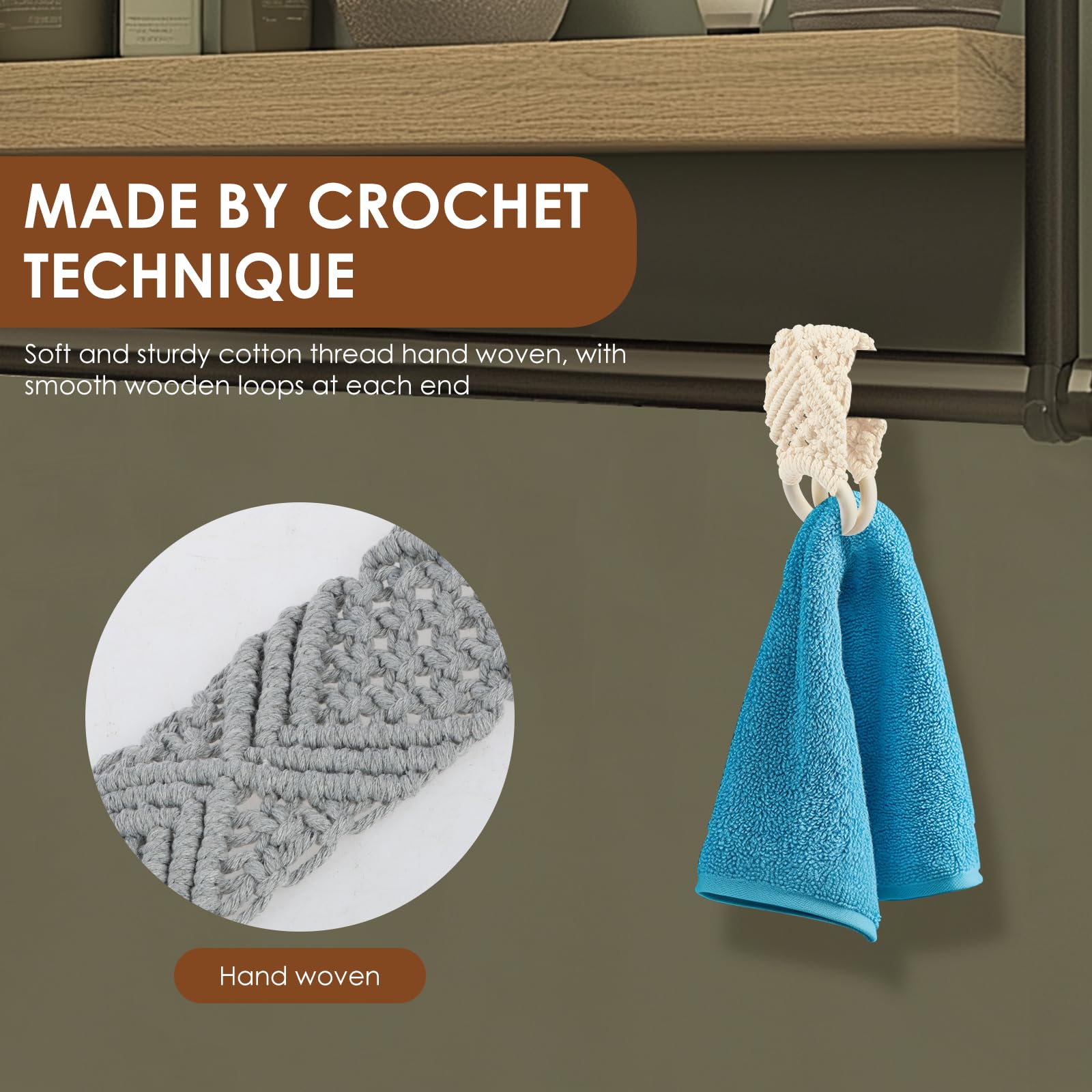 KTZCTPCA 3Pcs Boho Macrame Crochet Dish Towel Holder, Hanging Kitchen Towels Ring, White, Yellow, Grey, Cotton Rope & Wood