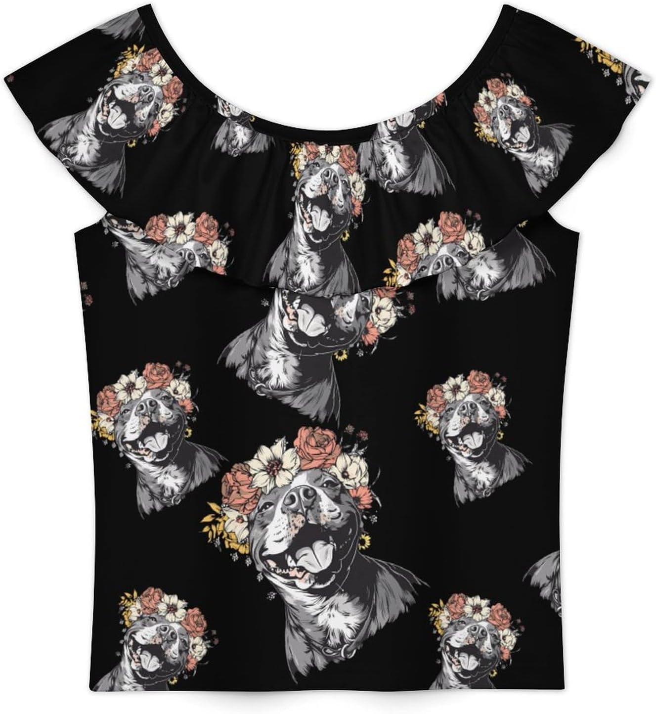 Pit Bull Dog with Head Wreath Girls T-Shirts Top Ruffle Short Sleeve Blouse Casual Graphic Tees