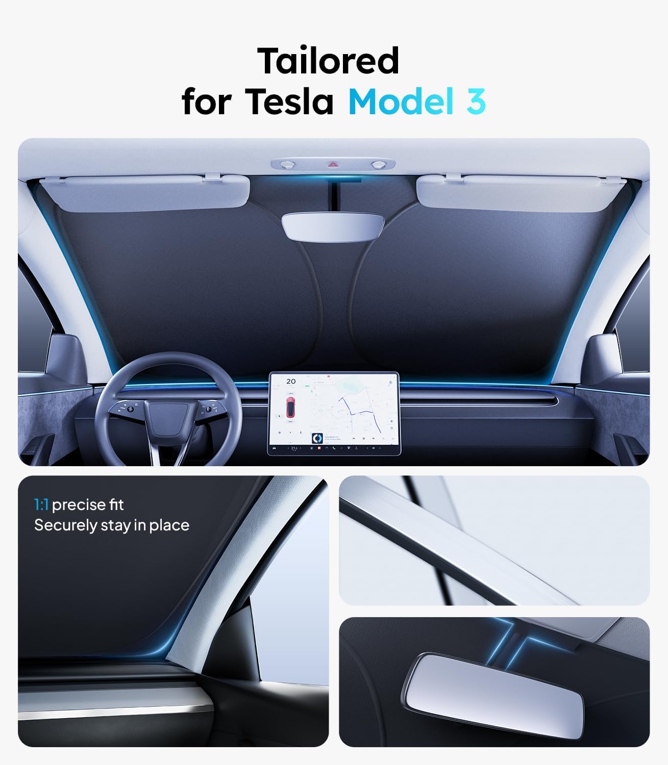 Wigoo 2026 Upgraded Accessories Tesla Model 3 Windshield Sunshade [OEM Design, 100% Sun Blockage] Foldable Heat Insulation Sun Shade with Storage Bag, for Tesla Model 3 2016~2026, Silver Coating