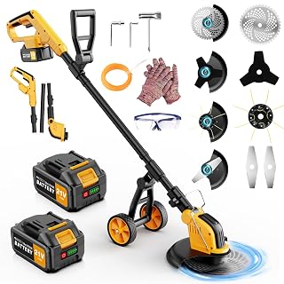 20000RPM 4-in-1 Weed Eater Battery Powered with Wheel, 6000mAh Weed Wacker Cordless Heavy Duty Brush Cutter Edger Lawn Tool/Weed Trimmer/Grass Trimmer W/Wheel Metal Blade, 2 Battery Yard Tool - Amazon product rated Grade A