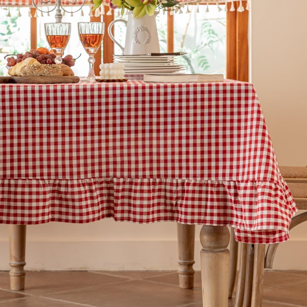 Red Plaid Ruffled Table Cover Linen Rectangle Gingham Tablecloth Classic Farmhouse Vintage Checkered Table Cover Decorative Buffalo Plaid for Home Holiday Party 86 x 60Inches