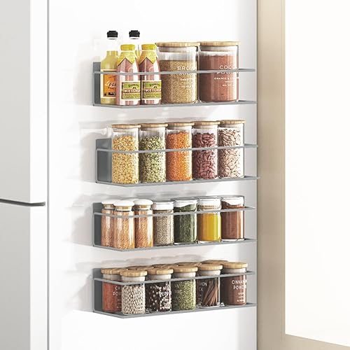 Estante magnético para especias para nevera, estante de cocina, organizador de especias gris, paquete de 4 con soporte magnético para toallas de
