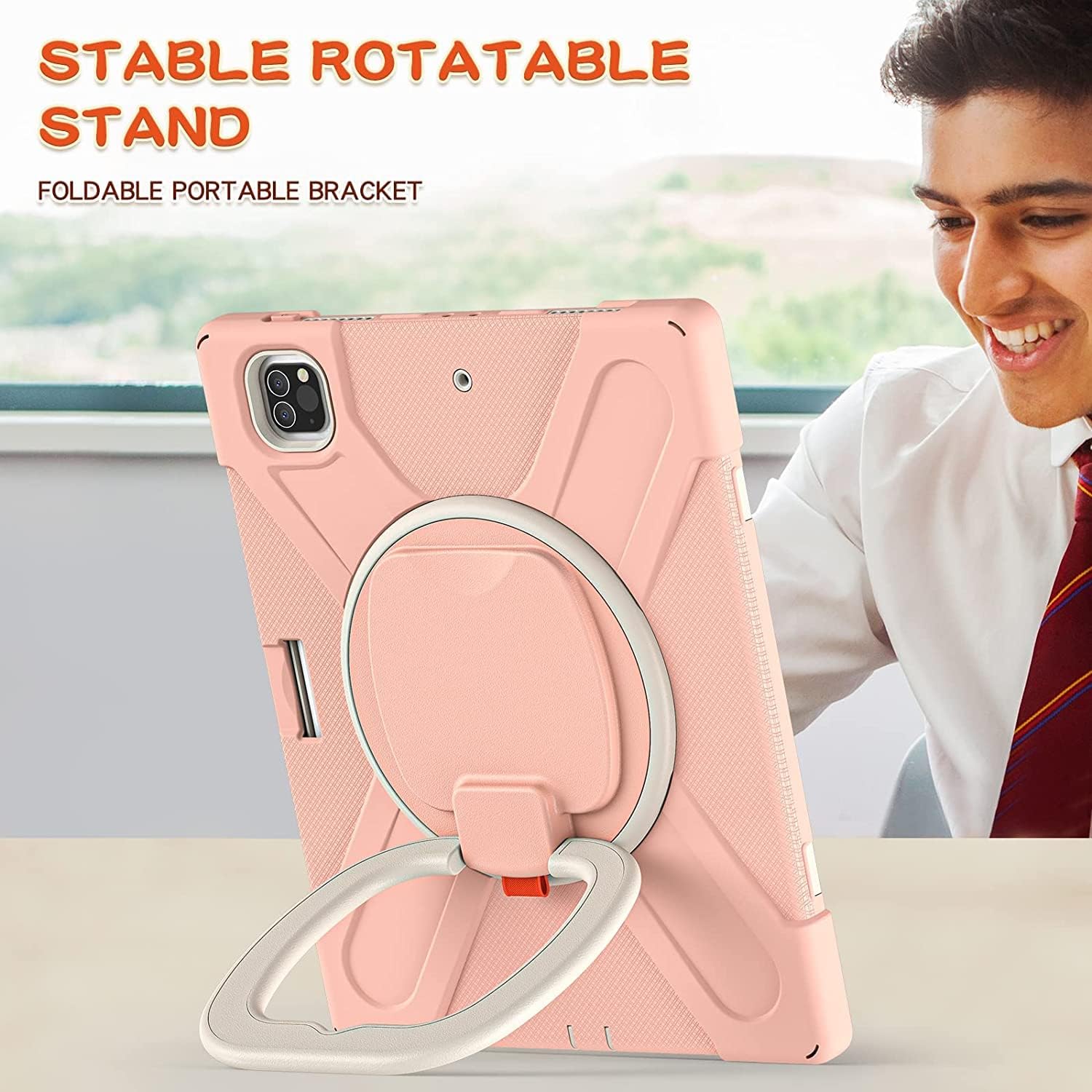 for iPad Air 13 2025(M3)/2024(M2) Case,Heavy Sturdy Shockproof Kids Case,Rotating Stand/Pencil Holder/Carrying Strap,Aslo for iPad Pro 12.9 inch (Pink)