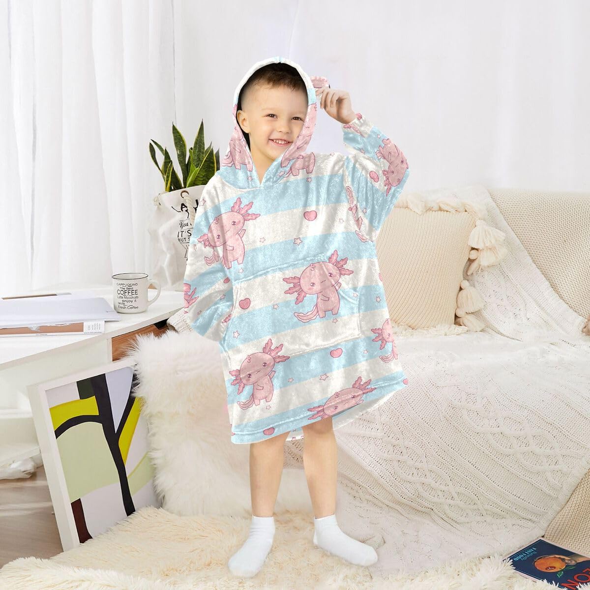 Uroczy różowy Axolotl dziecięcy koc do noszenia bluza z kapturem oversize bluza koc pulower biały niebieski w paski dla chłopców i dziewcząt w wieku 3-14 lat, multi, 150-170