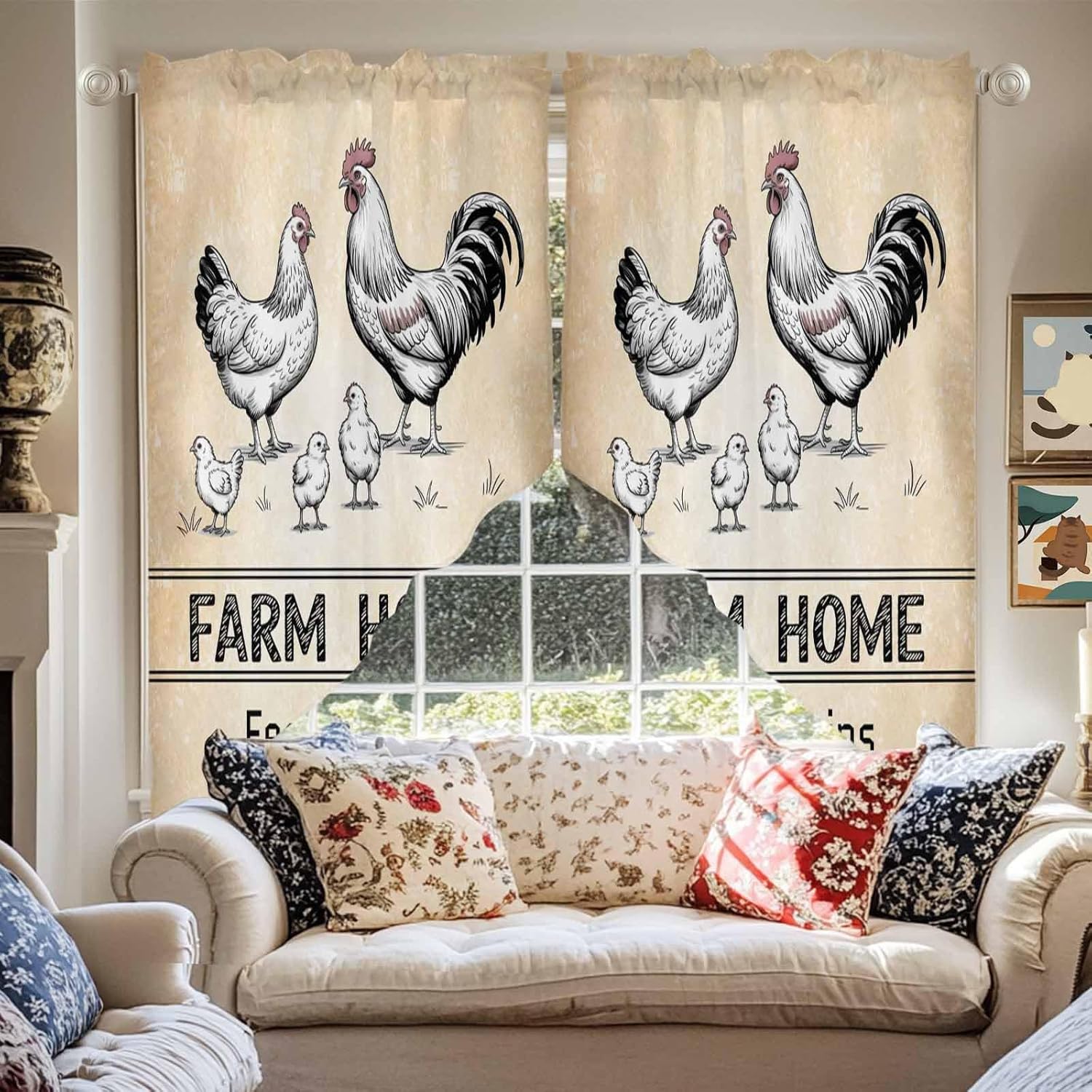 Swag Curtain,Retro Rooster Farm Cock Kitchen Valances Rod Pocket Curtains Tier Pair Swag Topper,Black Stripe Vintage Back 2 Panels Window Treatment for Bathroom Living Room Bedroom
