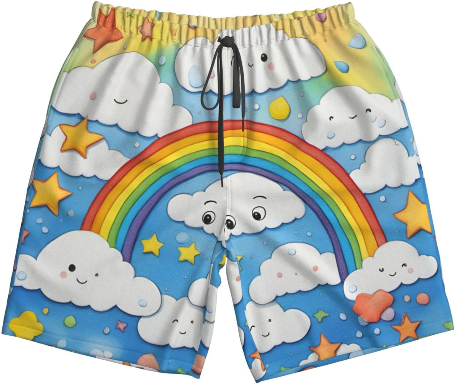 Mens Rainbow Clouds Raindrop Print Beach Shorts,Casual Summer Shorts for Men,Quick Dry Polyester