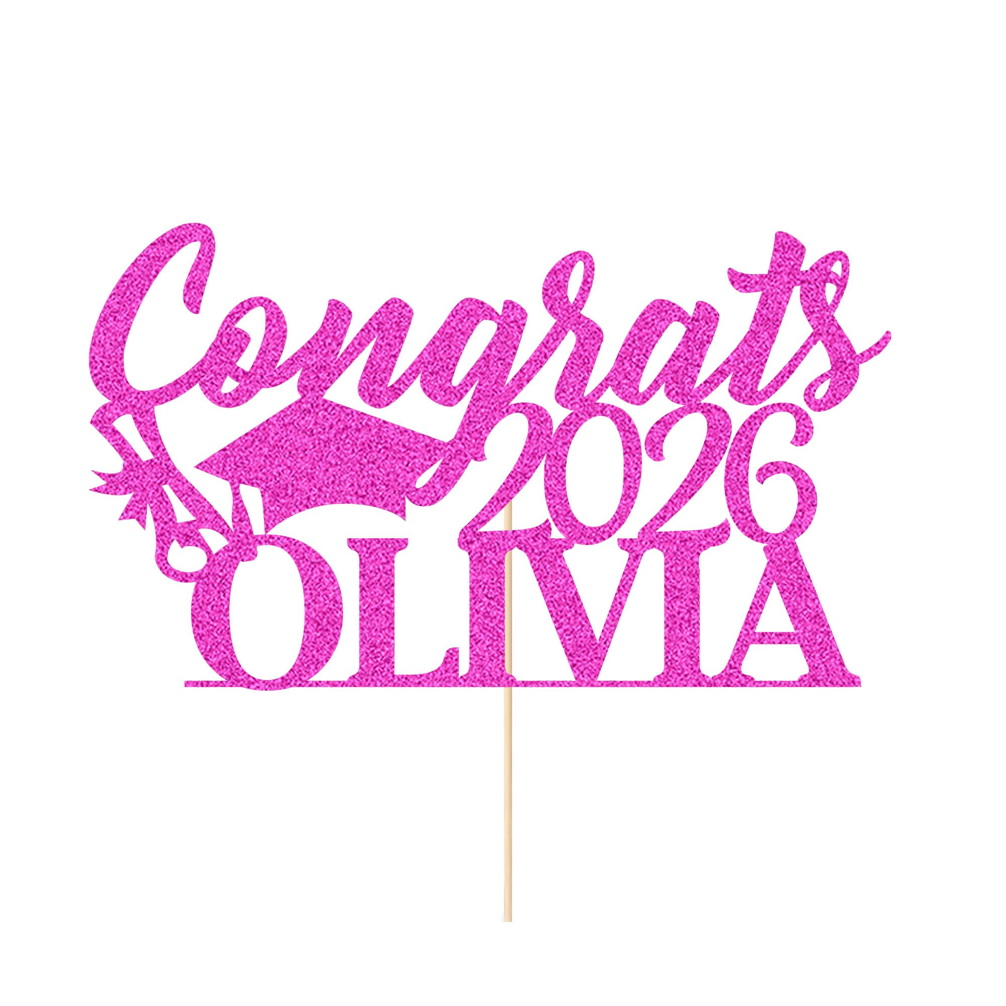 Personalised Cake Topper Custom Congrats Graduation Hat Student Class of 2026 Double Sided Glitter Card with Any Name (Pink)