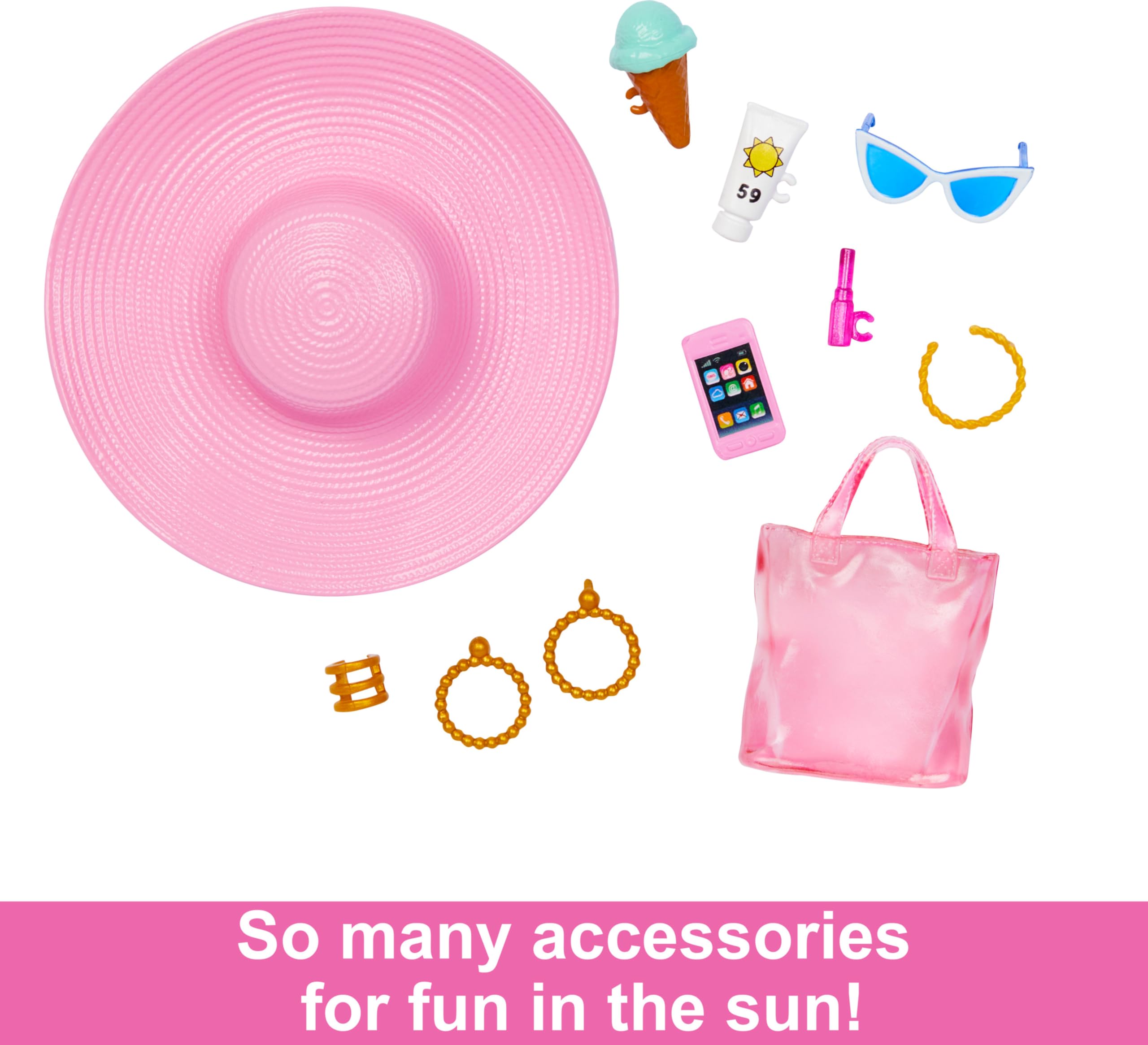 Barbie - Bambola bionda con costume da bagno rosa e bianco, pareo a pois, cappello da sole, tote bag e tanti accessori da spiaggia, giocattolo per bambini, 3+ anni, HPL73 (Confezione da 2)