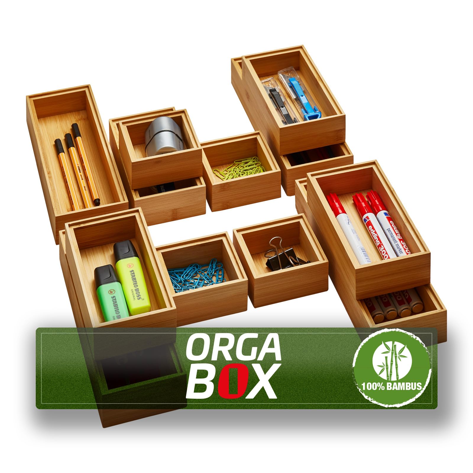Orga-Box SOTECH BAMBUS Aufbewahrungsbox 12 teiliges Set | (geölt, 3 Größen 85/171/257 x 85 x 50 mm) Ordnungssystem stapelbar für Küchenschubladen Badezimmer und Arbeitszimmer