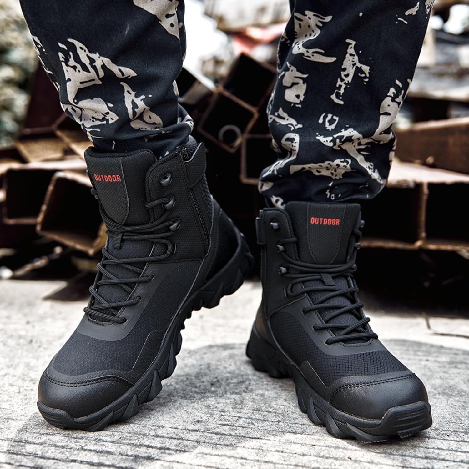 Women's Mid Top Lace Up Military Tactical Boots with Side Zipper Lightweight Non Slip Desert Combat Boots for Work Commando Mountaineering Trekking Army Jungle