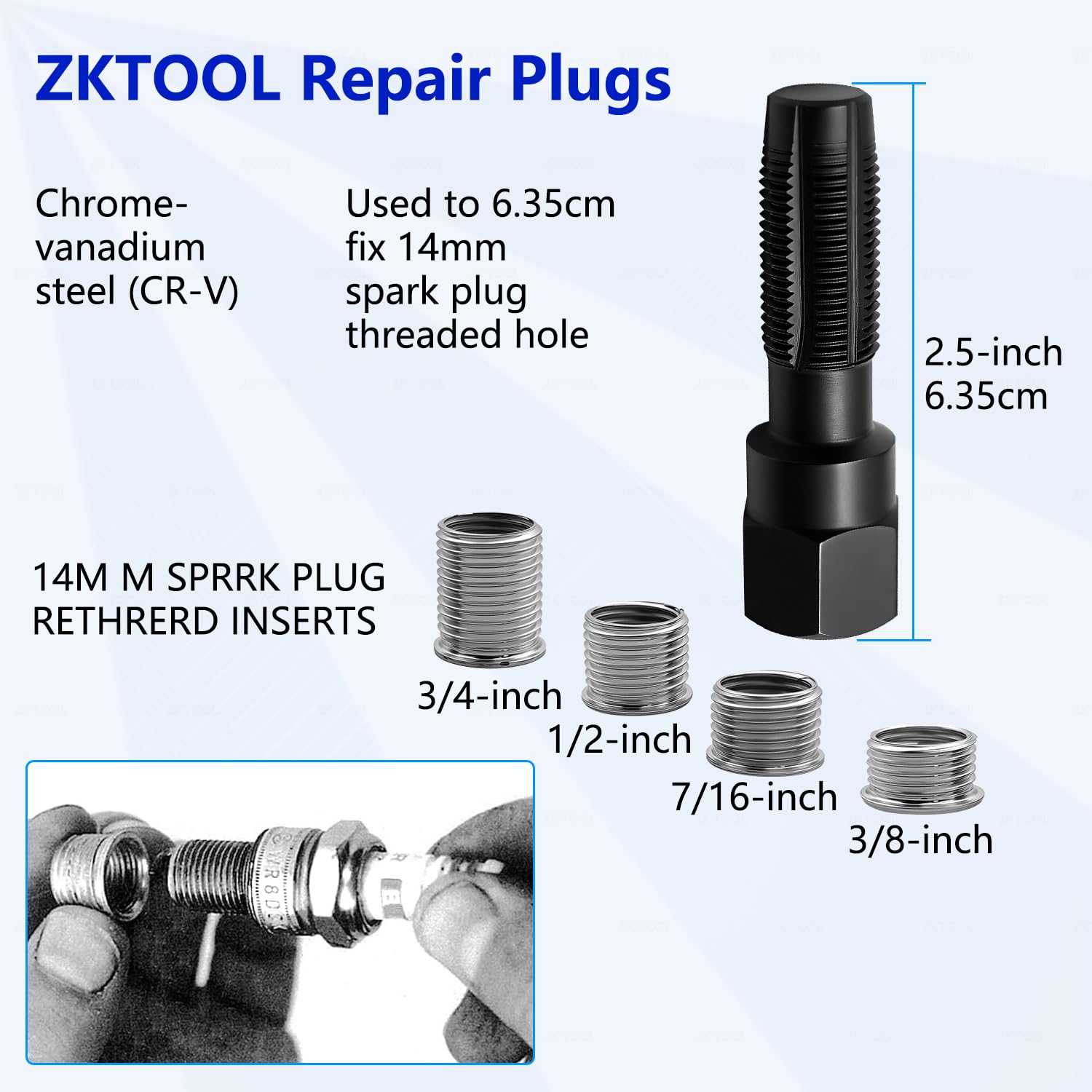 ZKTOOL 5 Piezas M14 x 1.25 Kit de Reparación de Roscas de Bujía, Kit de Roscado de Cabeza de Cilindro, Herramienta de Reparación de Roscas de Cilindro de 14 mm Reamer, 4 Insertos de Rosca