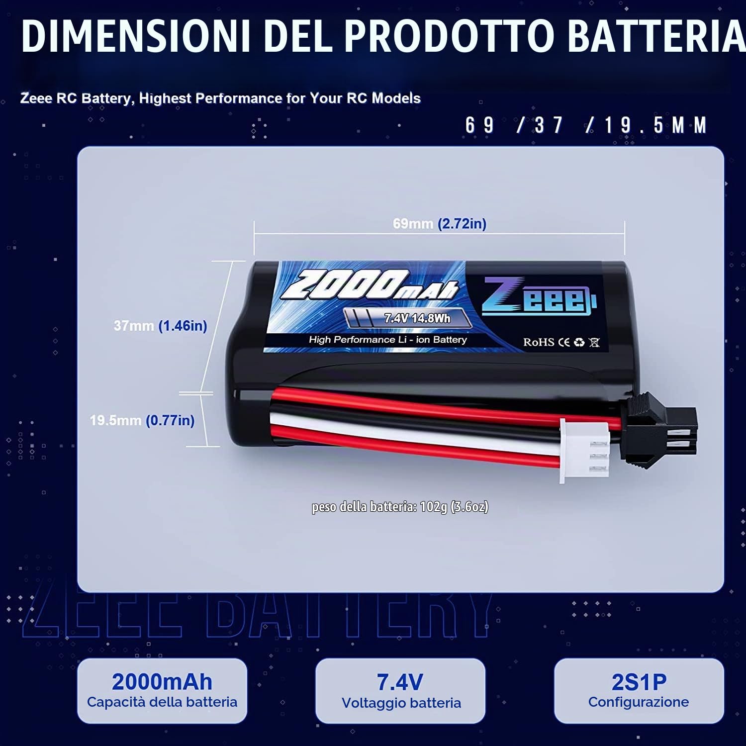 Zeee 2S Li-Ion Batteria 7.4V 2000mAh con Spina SM2P e Caricatore USB da 2 Pezzi Compatibile con RC Auto MN D90/91, MN 99/99s, H101 H103 H105 RC Boat RC Truck (2 pezzi)