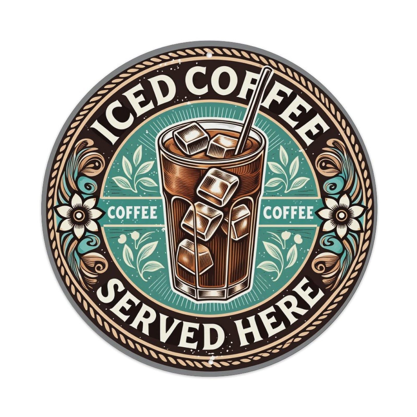Iced Coffee Served Here Vintage Round Tin Sign Retro Metal Wall Decor Metal Poster, Home Bar Garage Cafe Wall Art Decoration 8x8Inches
