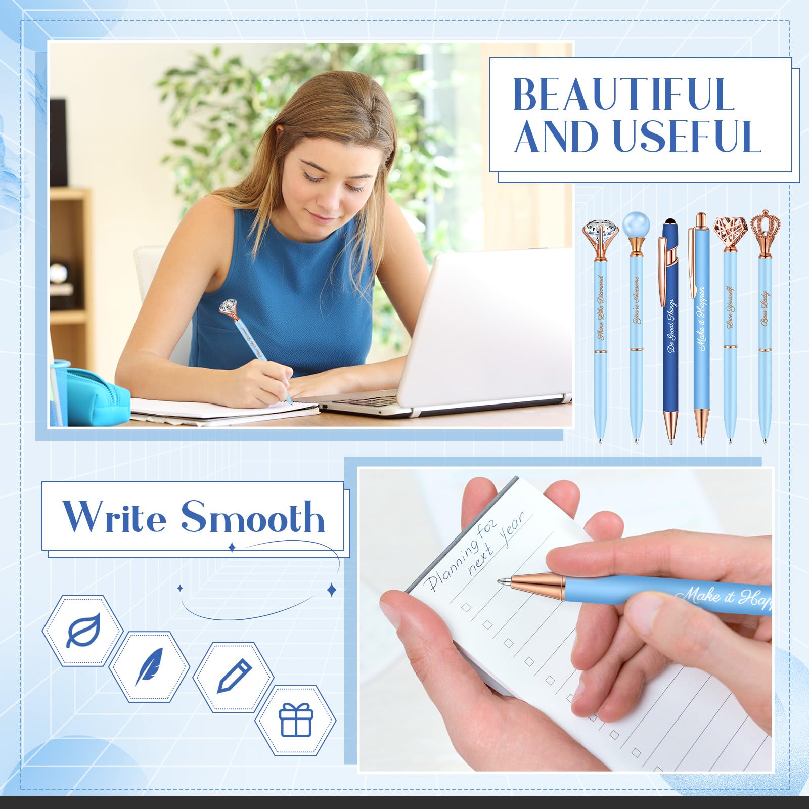Qeeenar 6 Pcs Fancy Pens for Women Crystal Diamond Pen for Journaling Pretty Glitter Ballpoint with Box Inspirational Gifts for Women Girls College Students Cute Back to School Gifts(Dark Blue)