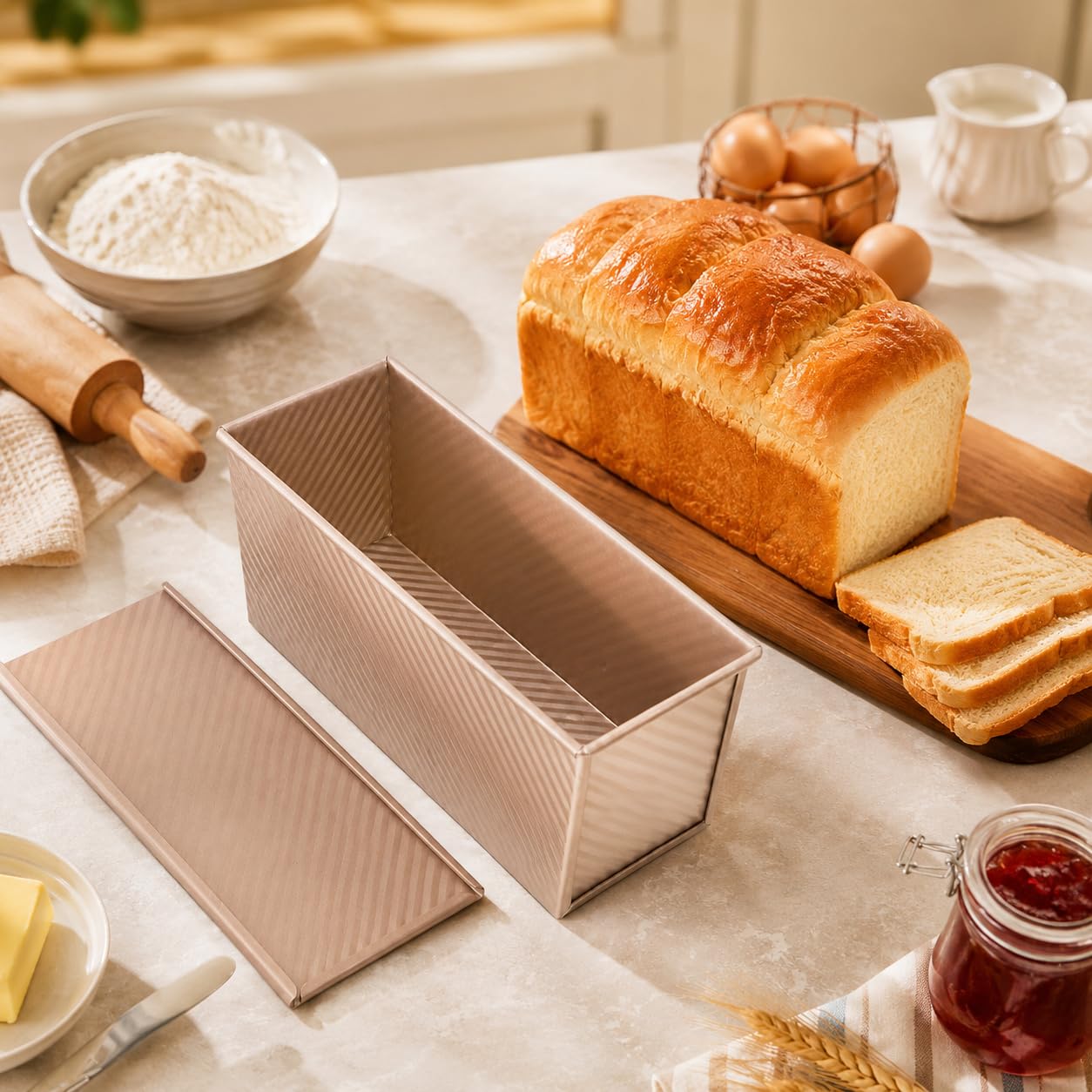 CANDeal Für 1000g Teig Toast Brot Backform Gebäck Kuchen Brotbackform Mold Backform mit Deckel(Gold-Rechteck-Welle)