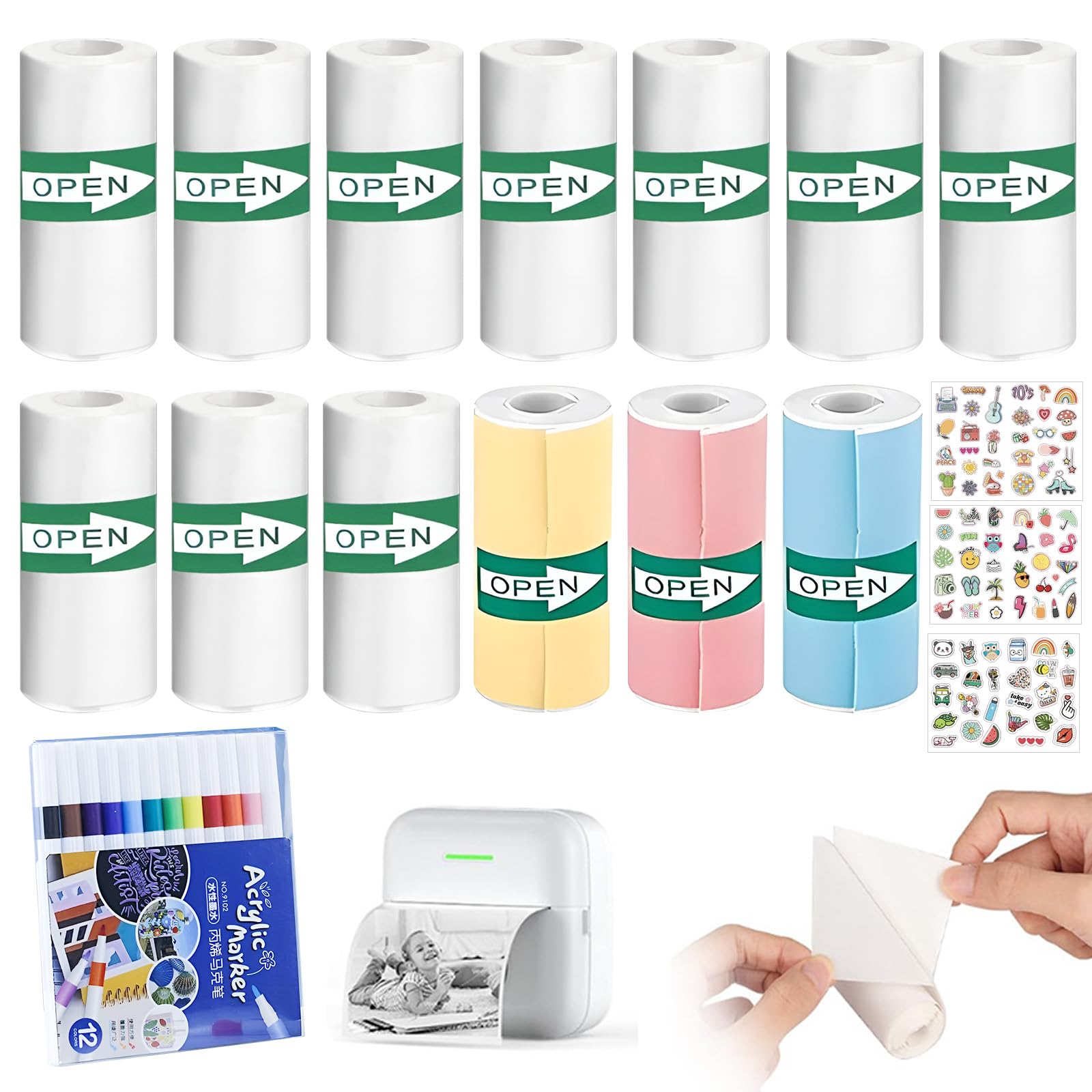 Rollos Camara Fotos Infantil Instantanea, 13 Rollos Rollo Papel Camara Fotos Infantil con Pegatinas Infantiles y Rotuladores Acrilicos, Papel Termico Camara Infantil Blanco y Colores