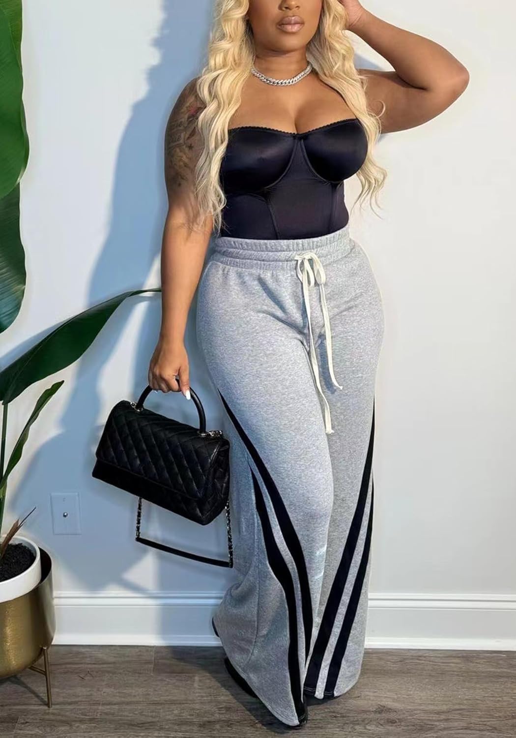 NRTHYE Women's High Waist Wide Leg Sweatpants Straight Leg Pants Casual Striped Pants - Image 4