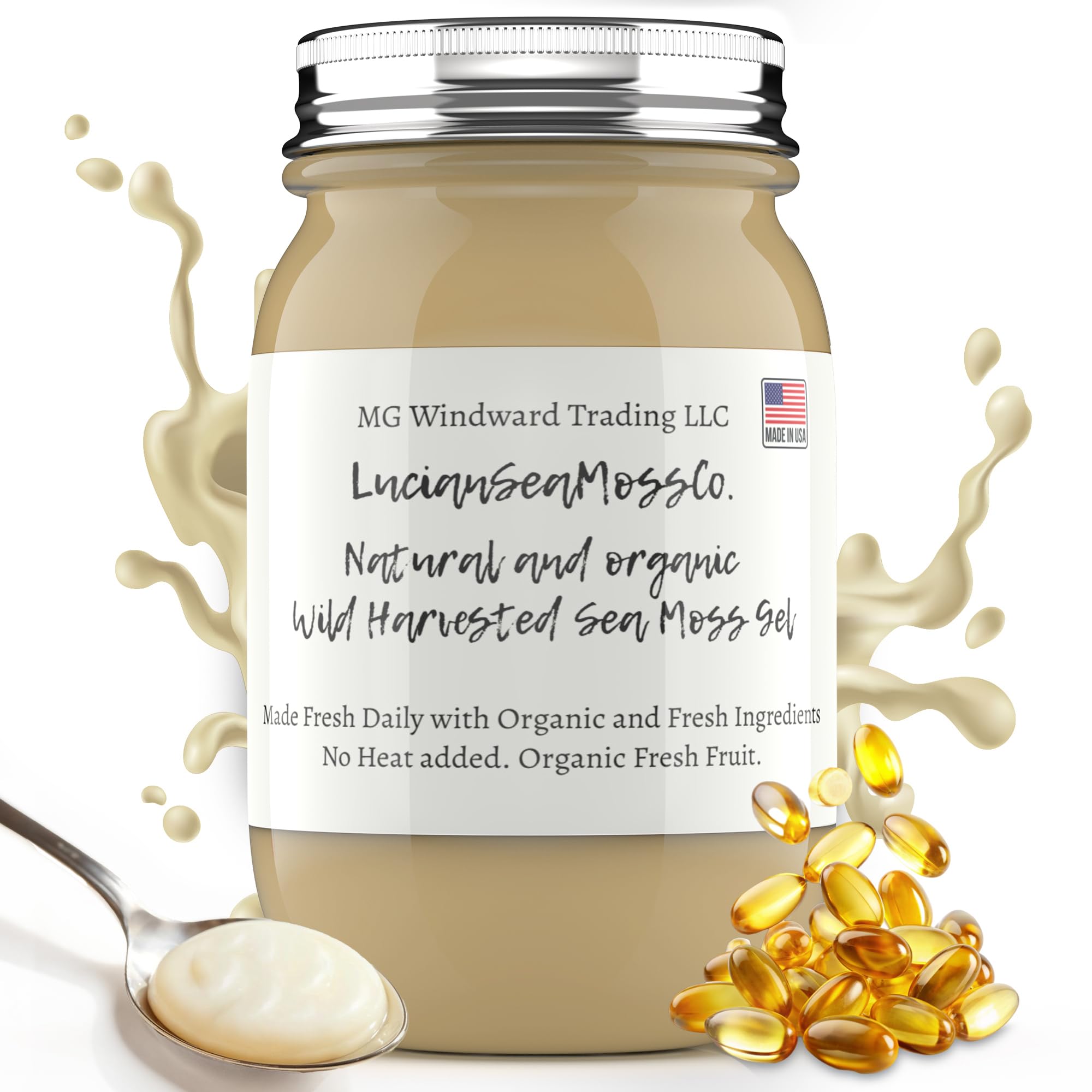 Pure Certified Wild Harvested Organic Sea Moss Gel Made Fresh (16 ounce, Collagen)