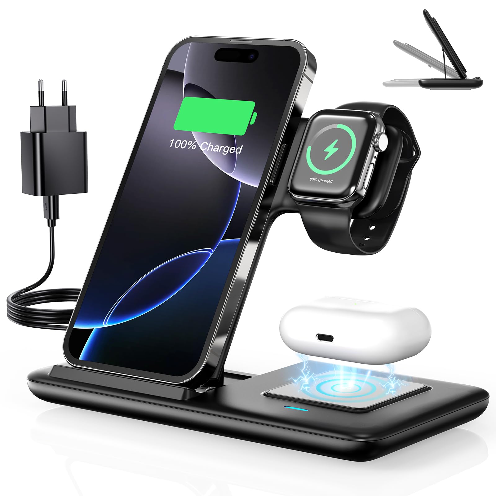 Vunzo 3 in 1 Caricatore Wireless Stazione, 18W Ricarica Rapida Wireless Phone Charger Stand per iPhone 15/14/13/12/11/Pro/Max/XS/XR/X/8/Plus, Apple Watch 9/8/7/6/SE/5/4/3/2 e per 3/2/Pro casa