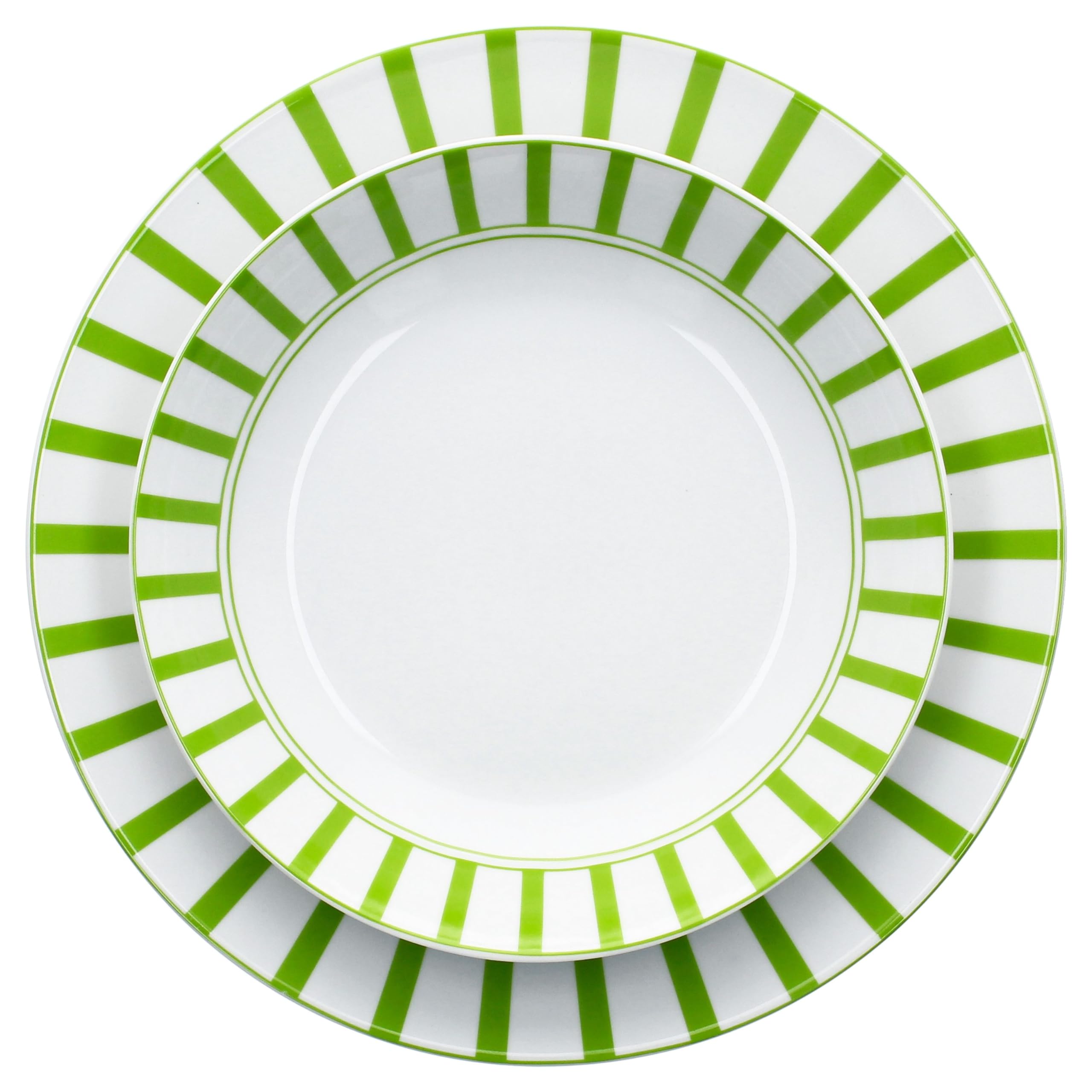 MamboCat Service de table Split vert 12 pièces - Vaisselle en porcelaine blanche avec rayures pour 6 personnes - 6 assiettes creuses et 6 assiettes plates pour le petit-déjeuner, le déjeuner et le
