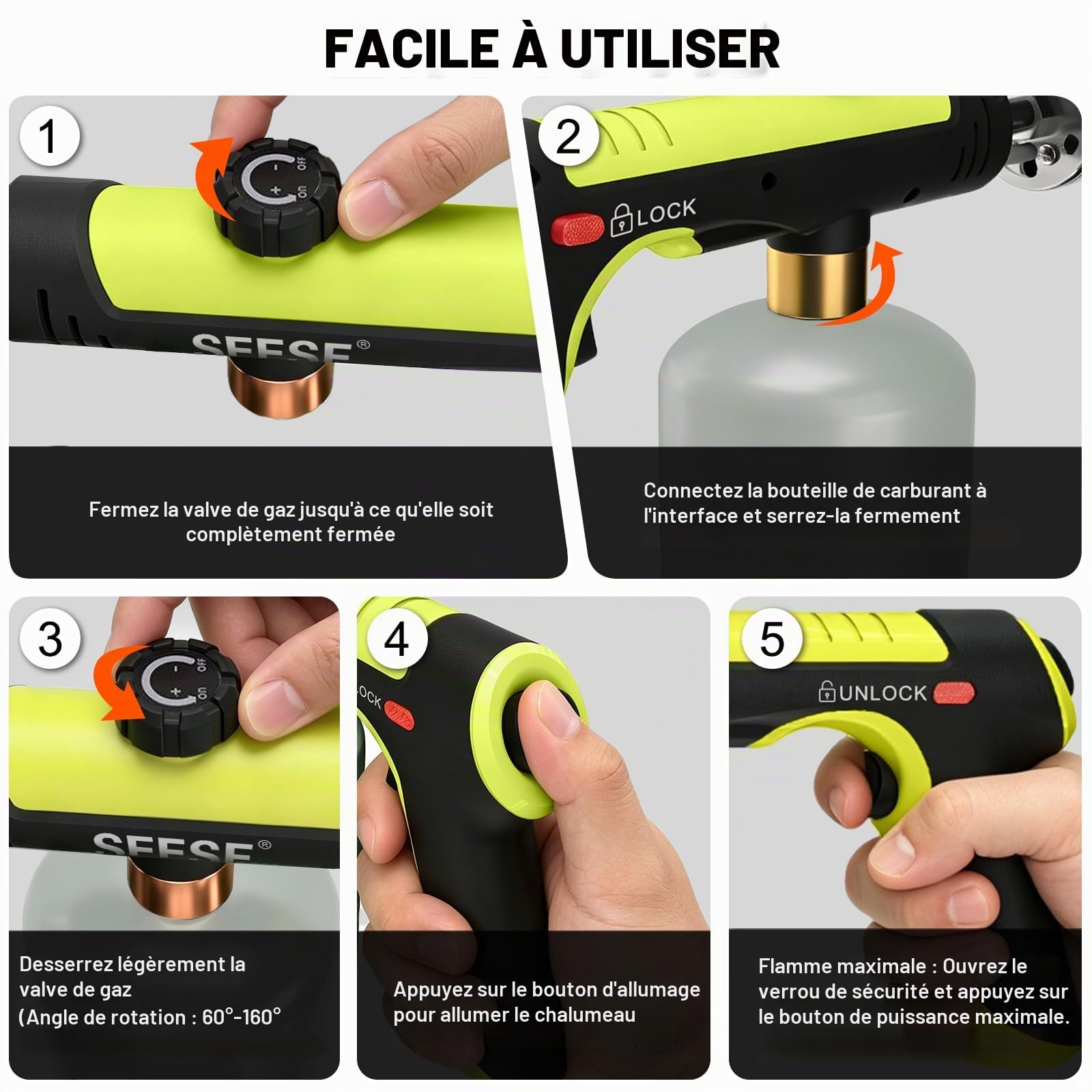 SEESE Torche puissante au propane, torche de cuisine avec feu maxi à une touche, allume-charbon avec verrou de sécurité, torche réglable pour sous vide, barbecue, feu de camp, cheminée (réservoir non