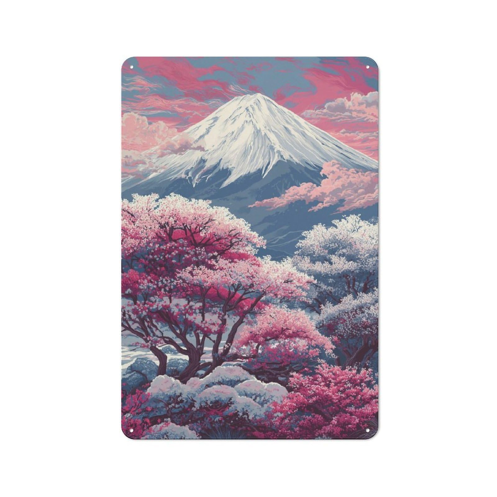 Junmoney Cherry Blossoms At Fuji Tin Wall Plaque 30X20cm With For Kitchen Or Home Bar, Metal Sign Decor For Dining Areas And Home Bars