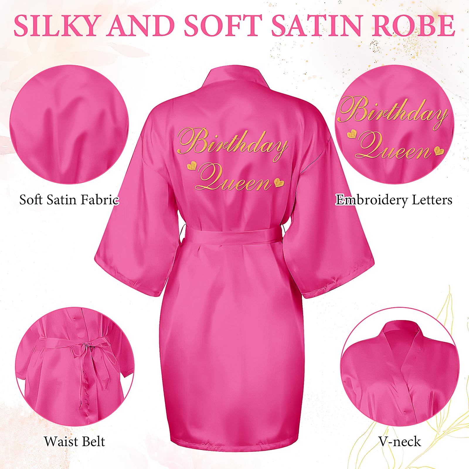 Ensemble de 21 peignoirs de fête d'anniversaire pour femme avec masque pour les yeux et chouchou - Kimono Queen Squad en satin pour anniversaire (rose rouge, rose)