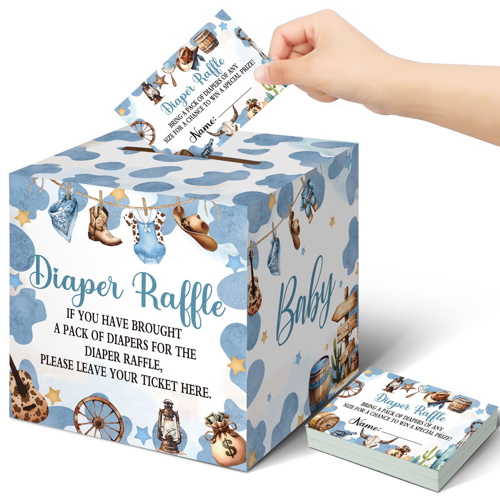 Teling 51 Pieces Diaper Raffle Tickets with Card Box, A Small Cowboy