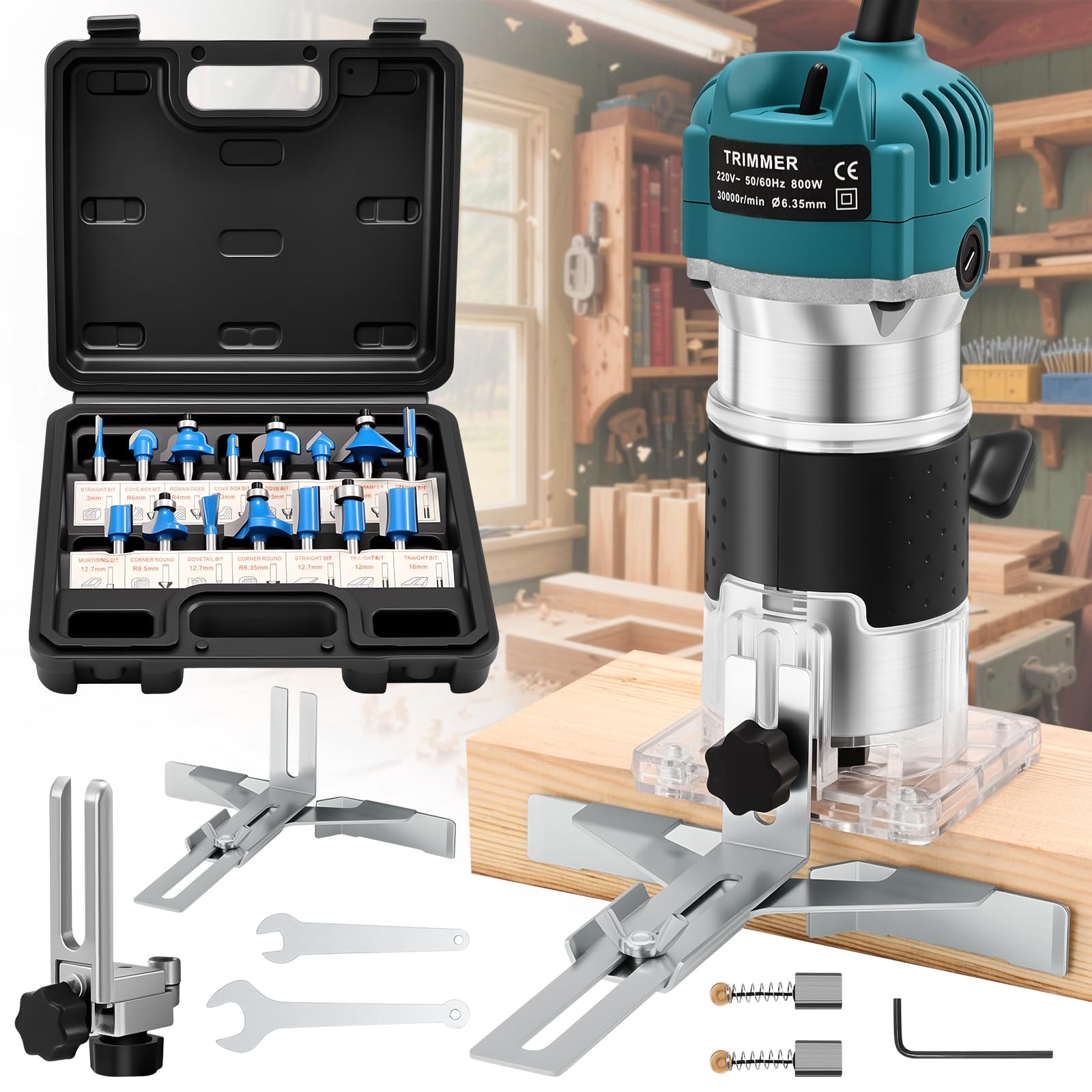 SINGTIP Palm Router Tool, Woodworking Hand Wood Router 800W 30000RPM with Trimmer Base, Handheld Power Wood Compact Trim Router with 15pcs 6.35mm Router Bit Set for DIY, Woodworking, Slotting