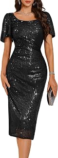 BeryLove Women's Sequin Bodycon Midi Dress - Sparkling Formal Cocktail Party Prom Gown with Ruffle Sleeves
