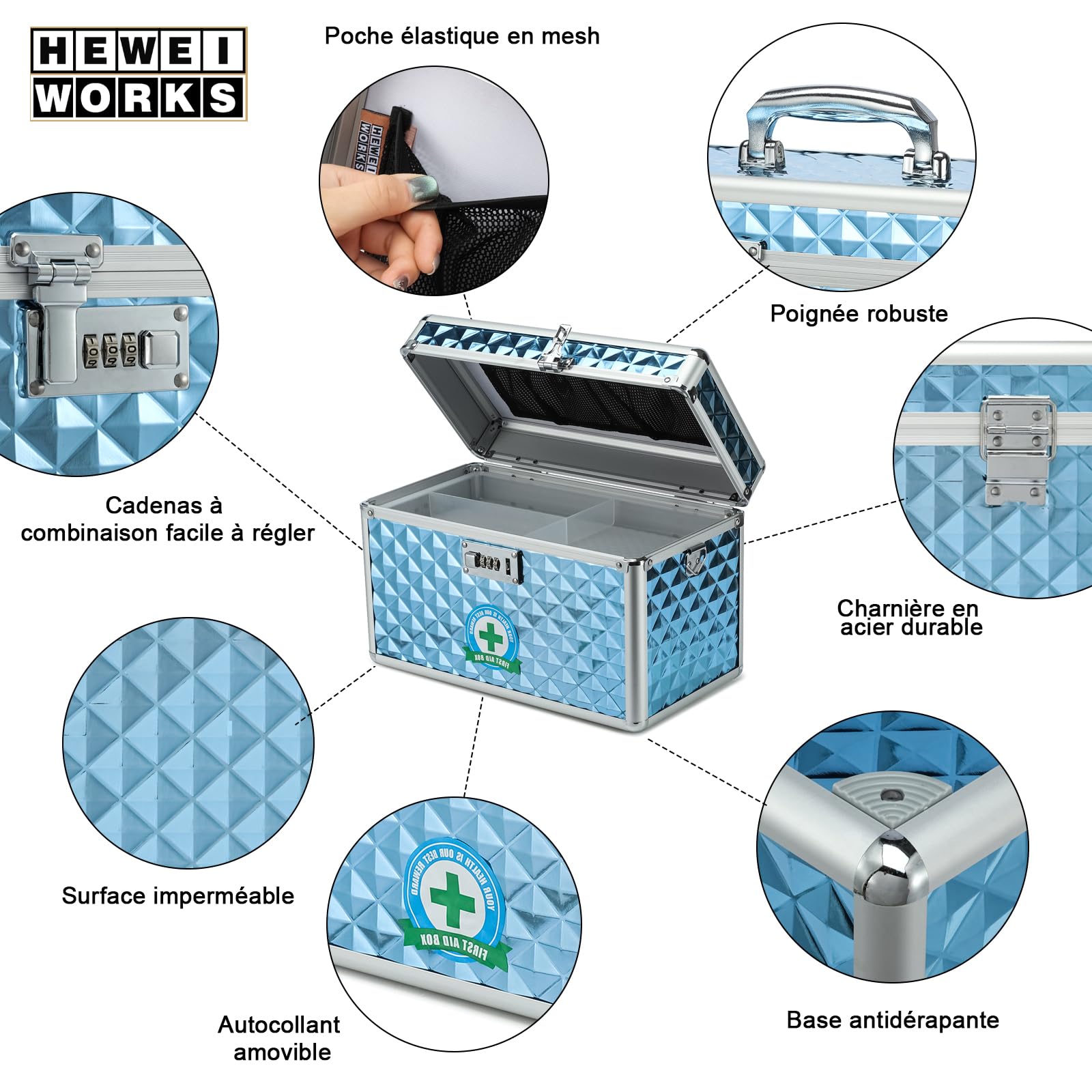Boîte de Rangement avec verrou à Combinaison, boîte de Stockage de médicaments verrouillable, boîte de Premiers Secours Vide, boîte de sécurité (Blue, Large)