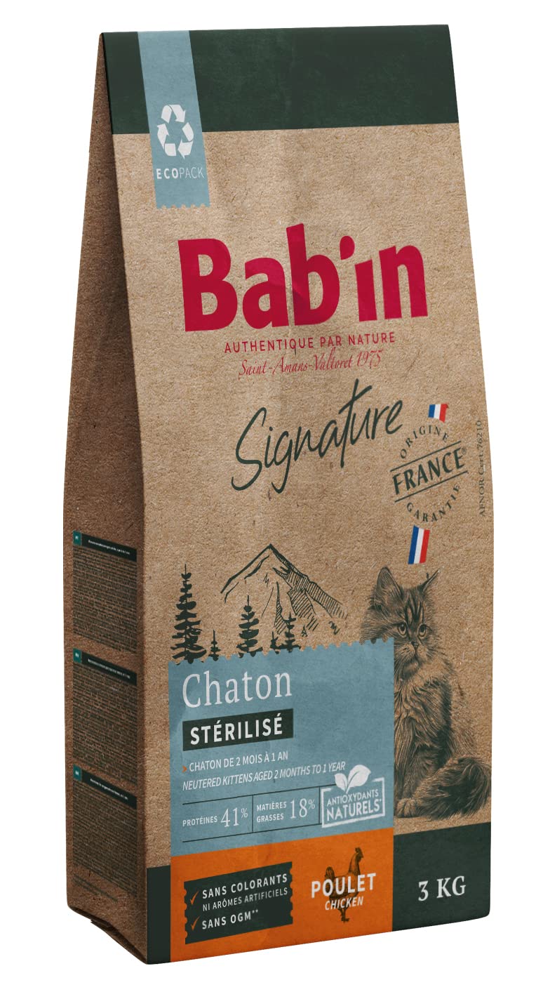 Bab'in Signature Chaton Stérilisé 3KG - Croquettes pour Chaton et Chatte en Gestation ou en Lactation - Digestion et Croissance - Développement Optimal - Riche en Poulet