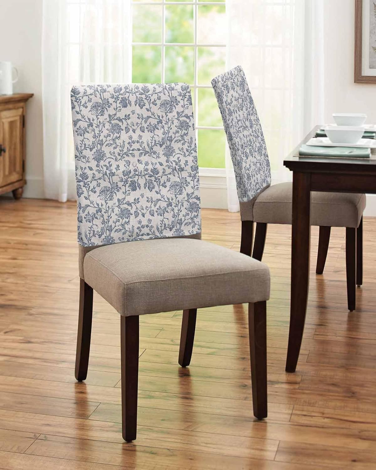 Vintage Farmhouse Floral Chair Back Covers Set of 4, Dining Back Chair Cover Removable Washable Back Slipcovers, Blue Pastoral Flowers Retro Kitchen Chair Protector for Wedding Party Housewarming