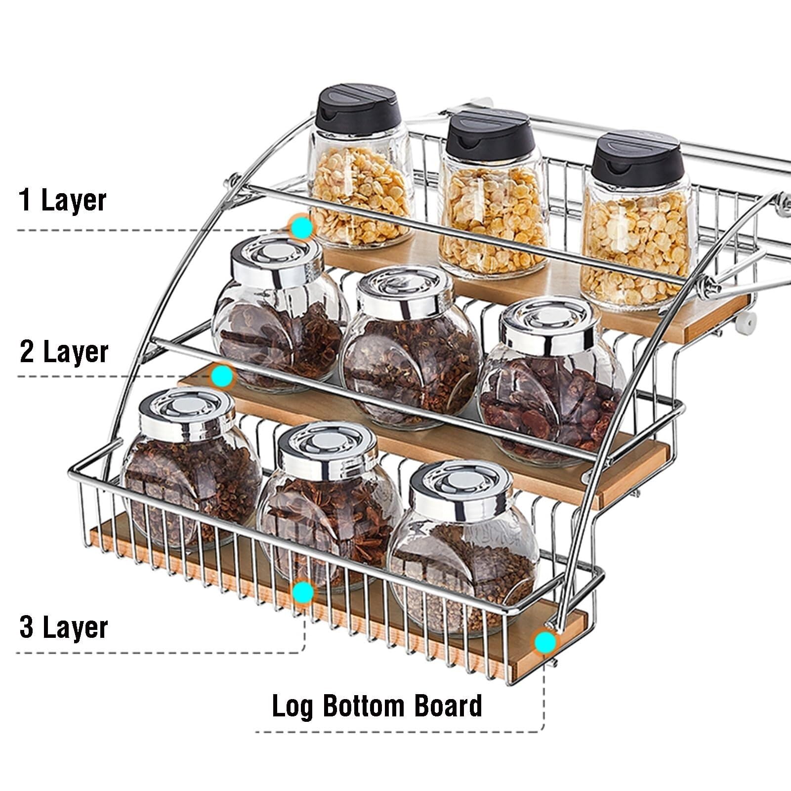 Organizer estraibile a 3 ripiani, in acciaio inox e legno, 29 x 30 x 26 cm, per dispensa, bar, caffetteria