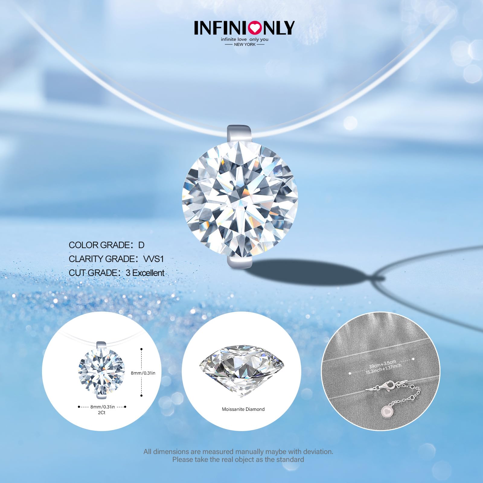 Damen Solitär Diamant Ketten Halsreife Funkelnde 2 Karat Moissanit Halskette Anhänger Choker mit Transparente Nylon kette D Farbe VVS1 Perfekt Geschliffene 8mm Diamant GRA Zertifikat