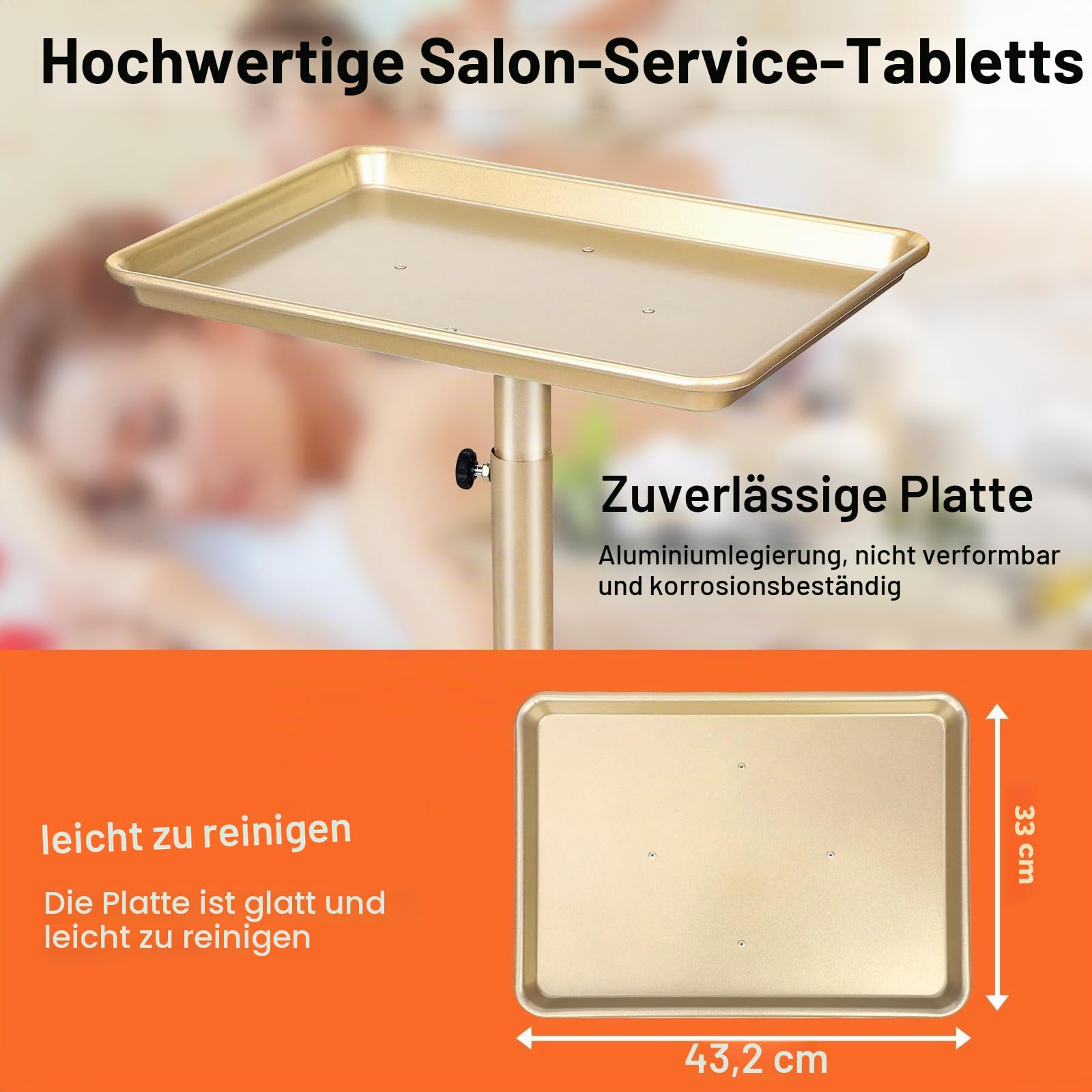 Salon-Tablett auf Rädern, Champagner-Gold, Salon-Tablett mit Verstellbarer Höhe, Haarstylisten-Tablett, Premium-Metall-Tattoo-Tablett, geeignet für Spa und Zahnmedizin