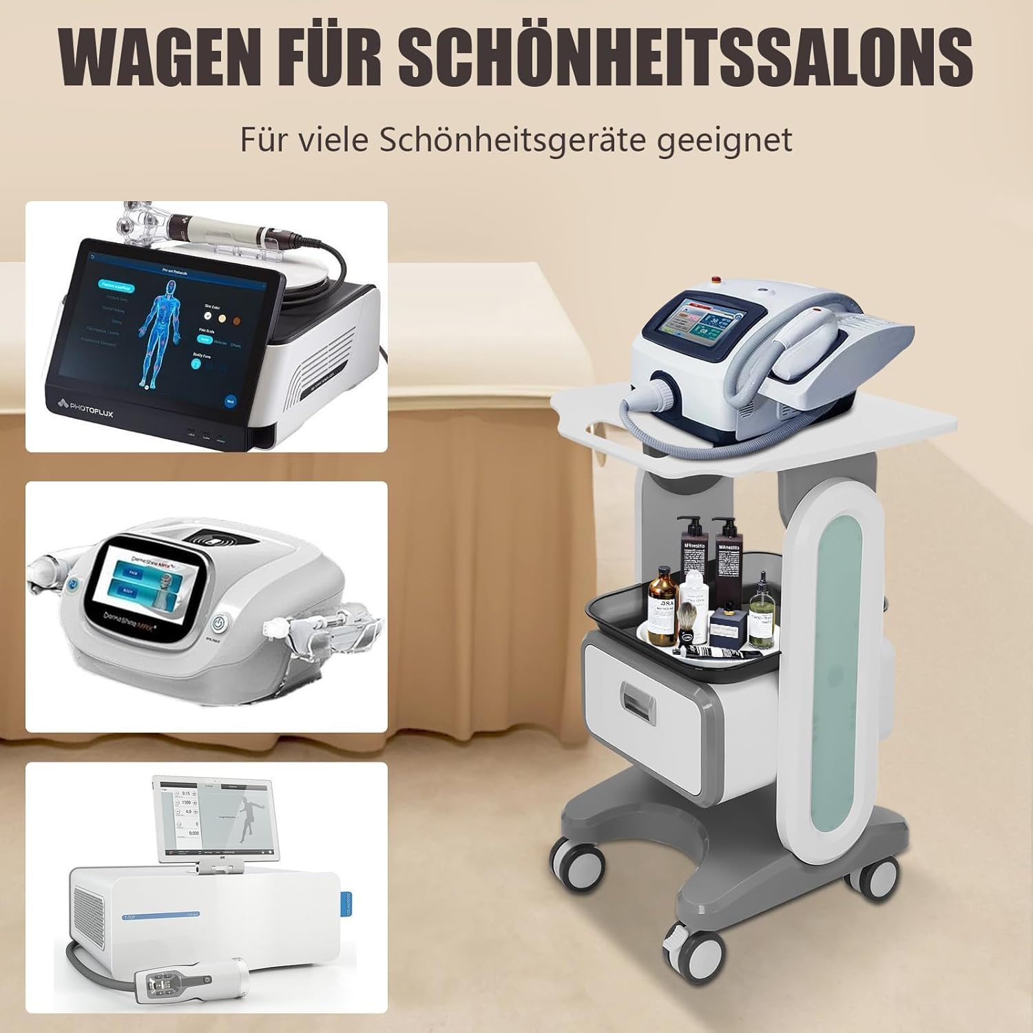 Carrello per cosmetici con 2 cassetti, carrello per salone di bellezza, carrello per attrezzi a 3 piani, con ruote frenanti, carrello mobile per studi estetici e applicazioni mediche
