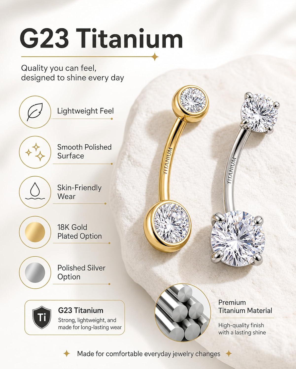 G23 Titanium Belly Button Ring 14G Internally Threaded Navel Piercing Jewelry 18K Gold Plated Cubic Zirconia Navel Bar for Women Men