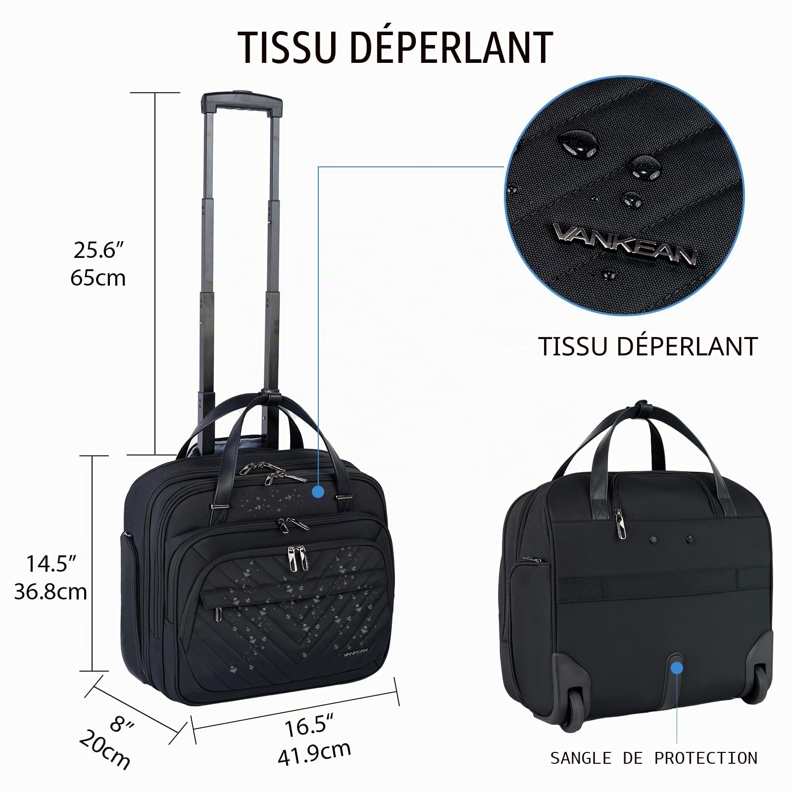 VANKEAN Sacoche à roulettes pour Ordinateur Portable pour Femme, Sac de Voyage à roulettes de qualité supérieure pour Ordinateur Portable jusqu'à 15,6 Pouces, Mallette étanche avec Poches RFID