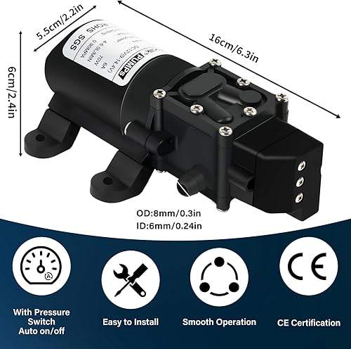 Miniatura 3 de Bomba de agua DC 12V, bomba de diafragma de 1GPM 4LMin Interruptor de presión integrado con 2 abrazaderas de manguera para bombear agua