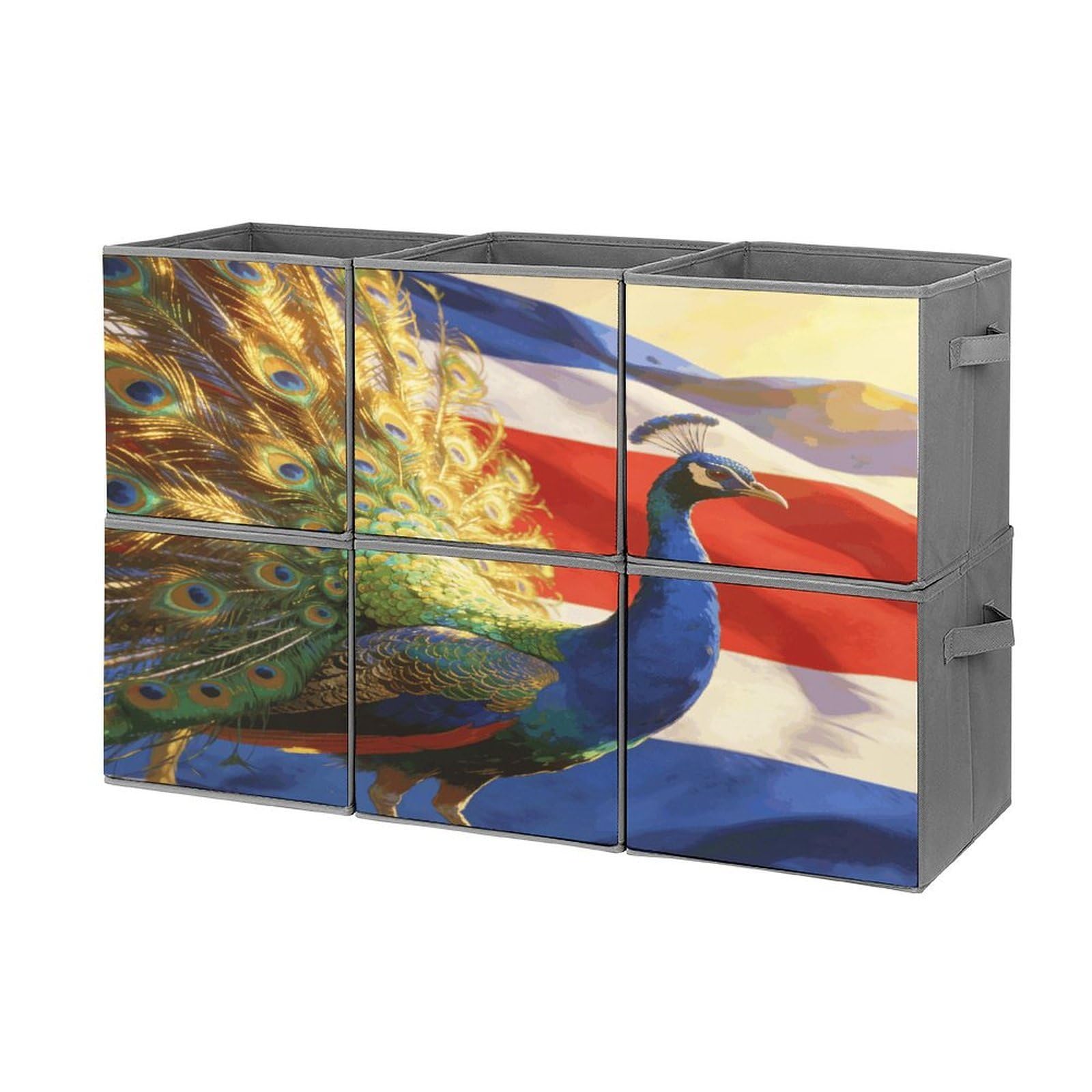 Fodpand Style Colorful Peacock And National Flag Cube Bins With Double Handles,Set Of 6 Cube Organizer, Stackable And Foldable Storage Bins For Organization, Closet, Shelves, Offices