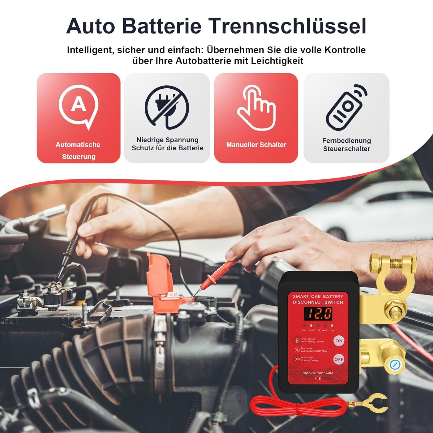 12V Batterie Trennschalter mit Drahtloser Ferngesteuerter,Batterietrennschalter mit Abschaltung,240A Batterie Kill Switch Anti-Diebstahl, für Auto, RV, ATV, LKW, Boot (Mit LED Anzeige)