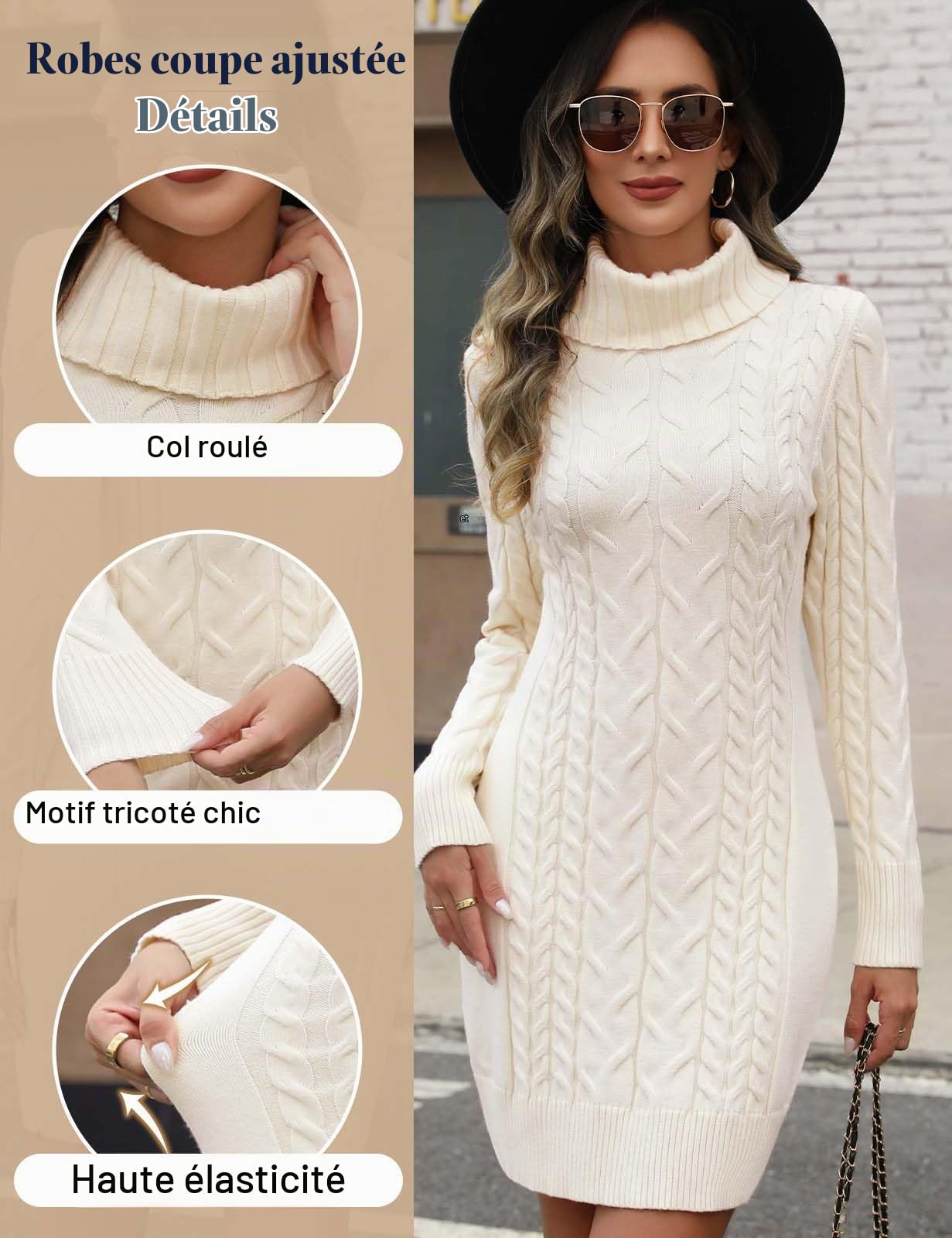Robe Pull Femme Hiver Robe Chic et Elegant à Col Haut Tricoté Mi-Longue Robes Chaud à Manches Longues Elástique Pull Femme Slim Fit Couleur Unie Doux Automne Hiver