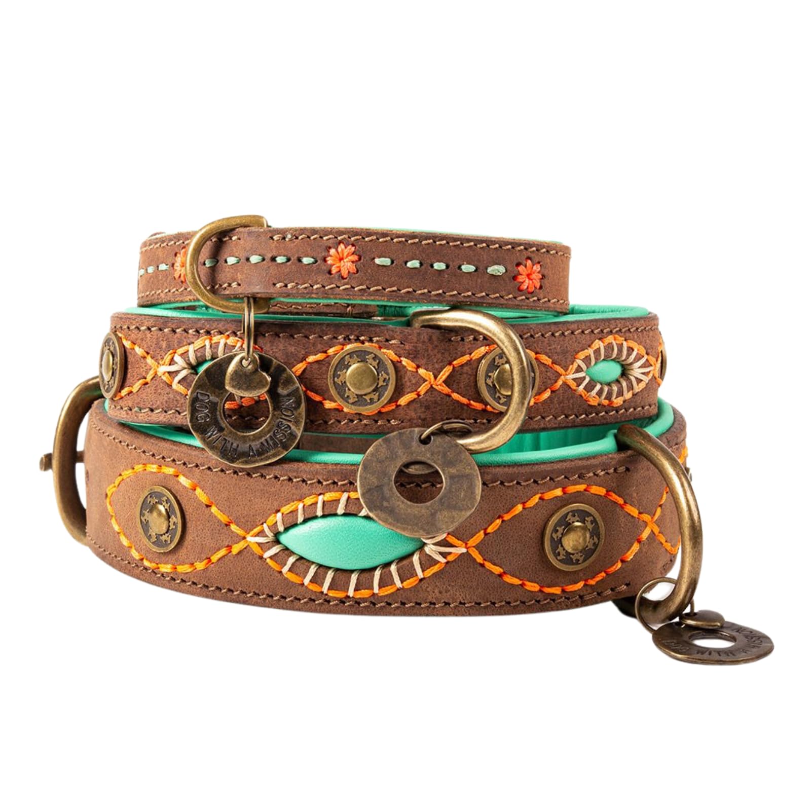 Dog with a Mission - Hundehalsband S | Braun, Mint, Bestickt | Boho, Ethno, Urban, Hippie | Mittelgroße Hunde | Handgemacht | Modisch und Bunt | Aus weichem Echtes Leder | 2,5 cm Breit