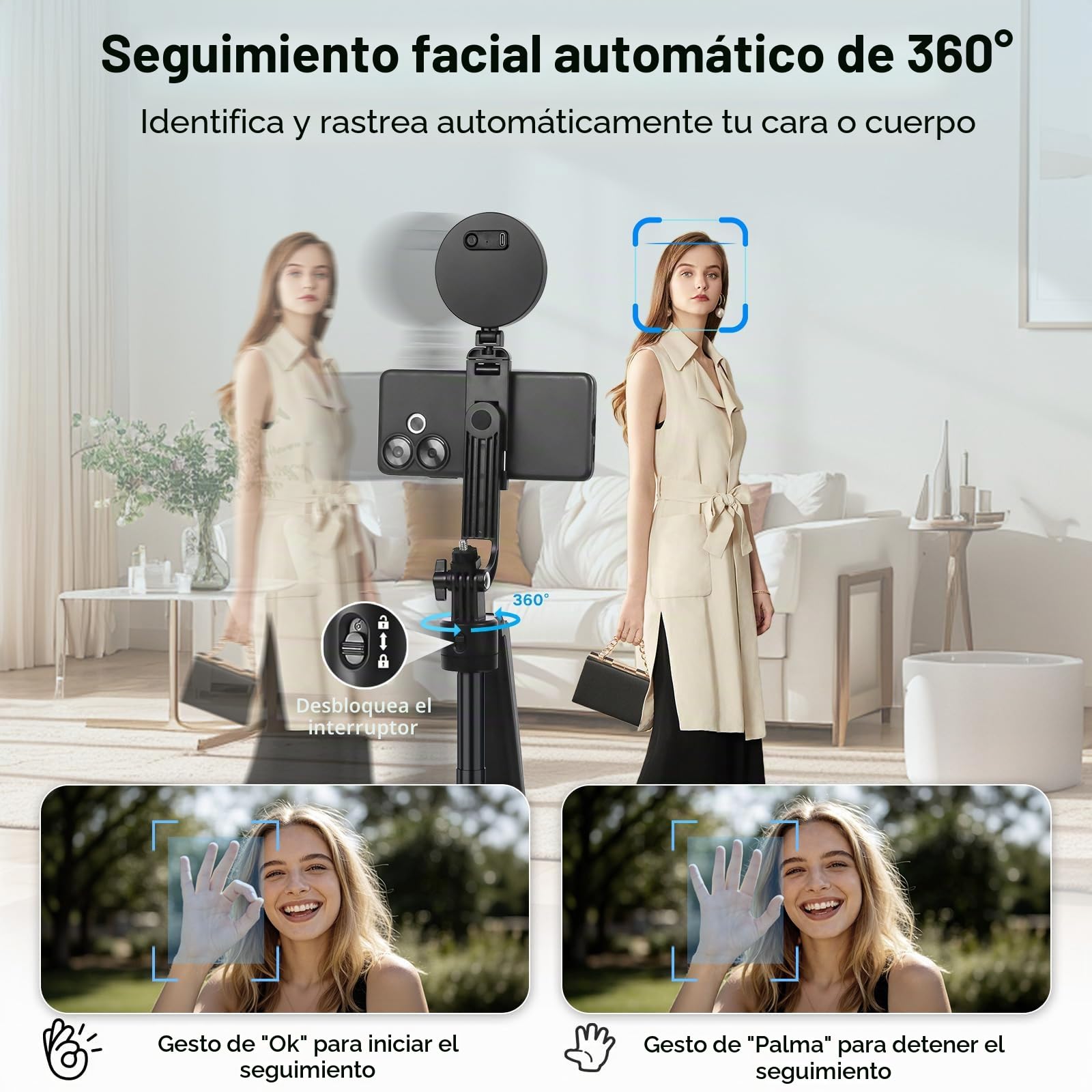 Trípode de seguimiento automático de la cara de 180 cm para smartphone con luz, rotación de 360 ° para iPhone/Android/GoPro, soporte para teléfono móvil, trípode para grabación de vídeo en directo